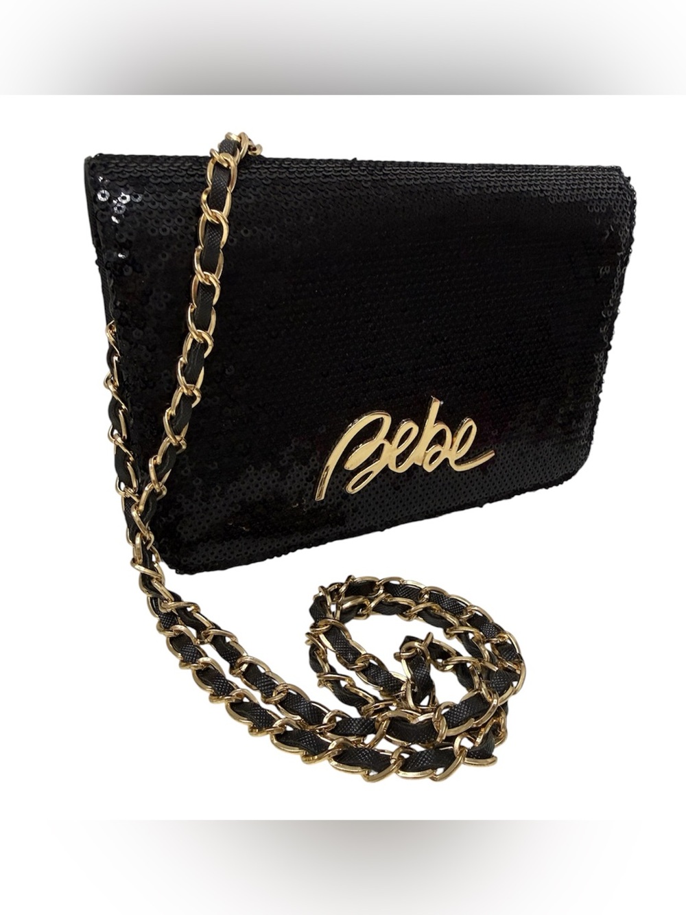 Bebe Milly crossbody clutch features a striking all-over black sequin finish
